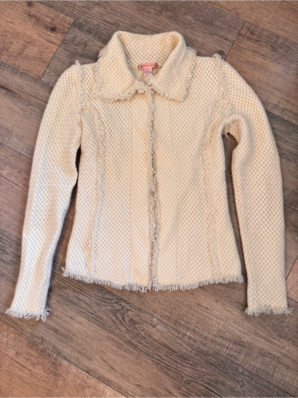 Qi Cashmere Cream Textured Fringe Blazer | Size Small